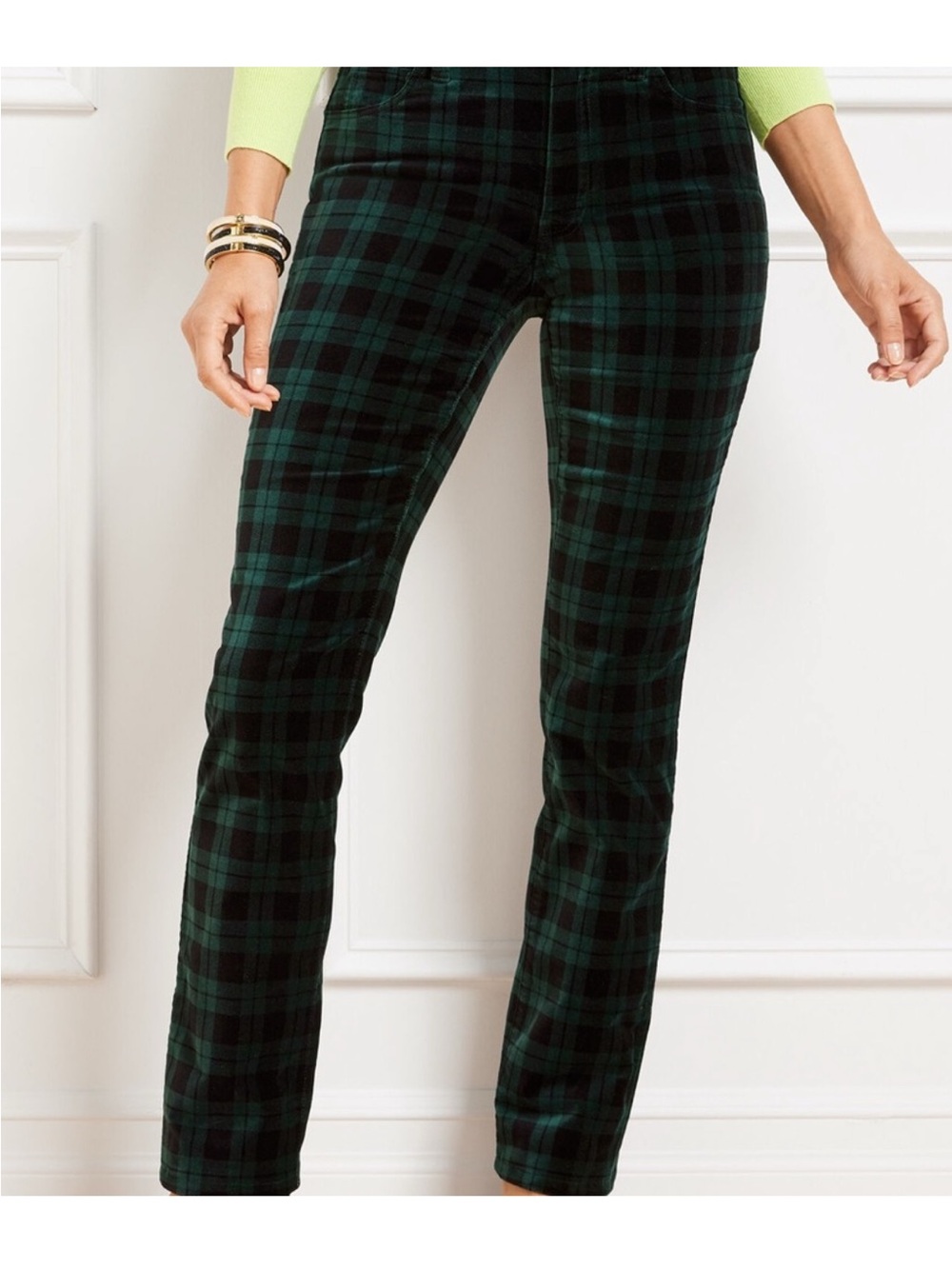 TALBOTS Women’s Velveteen Straight Leg Green/Black Plaid Pants Size 12